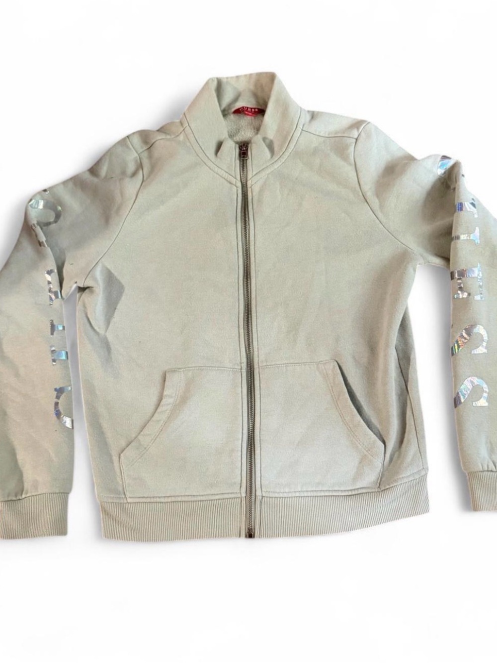 Guess Kids Light Beige Full‑Zip Hoodie with Holographic Sleeve Logos